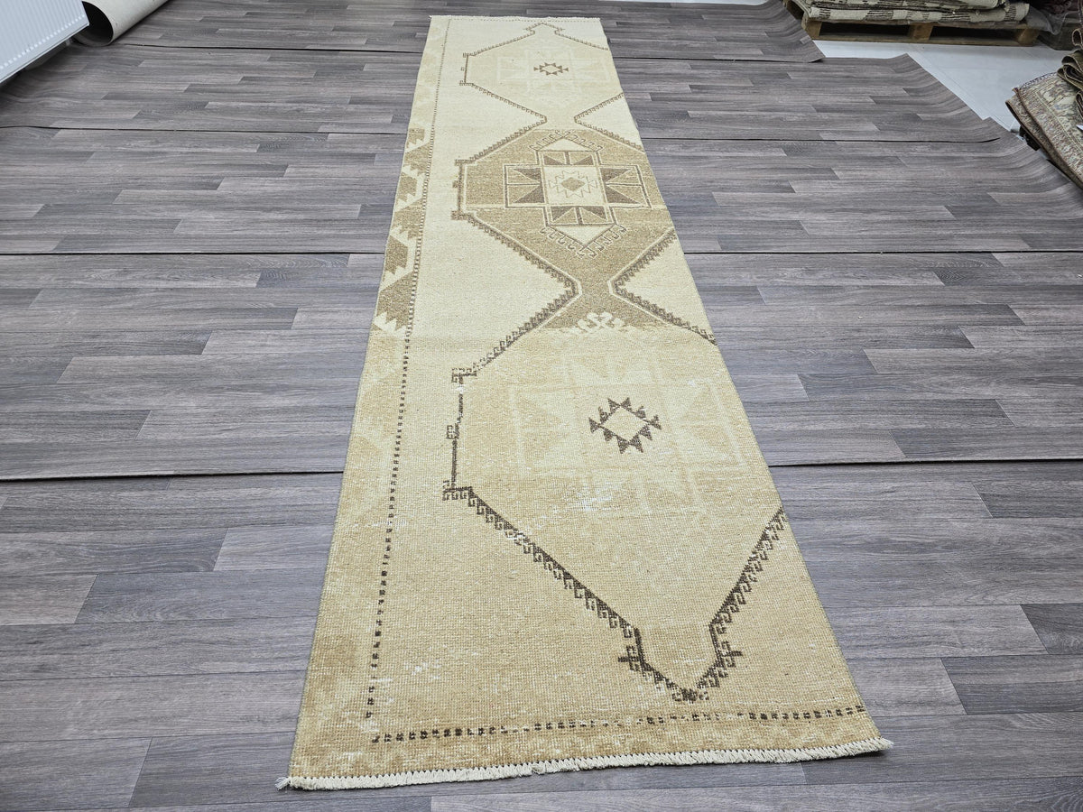 Vintage Anatolian Runner Rug: Cream Beige Wool Hallway Carpet, 3x13 Boho Rug