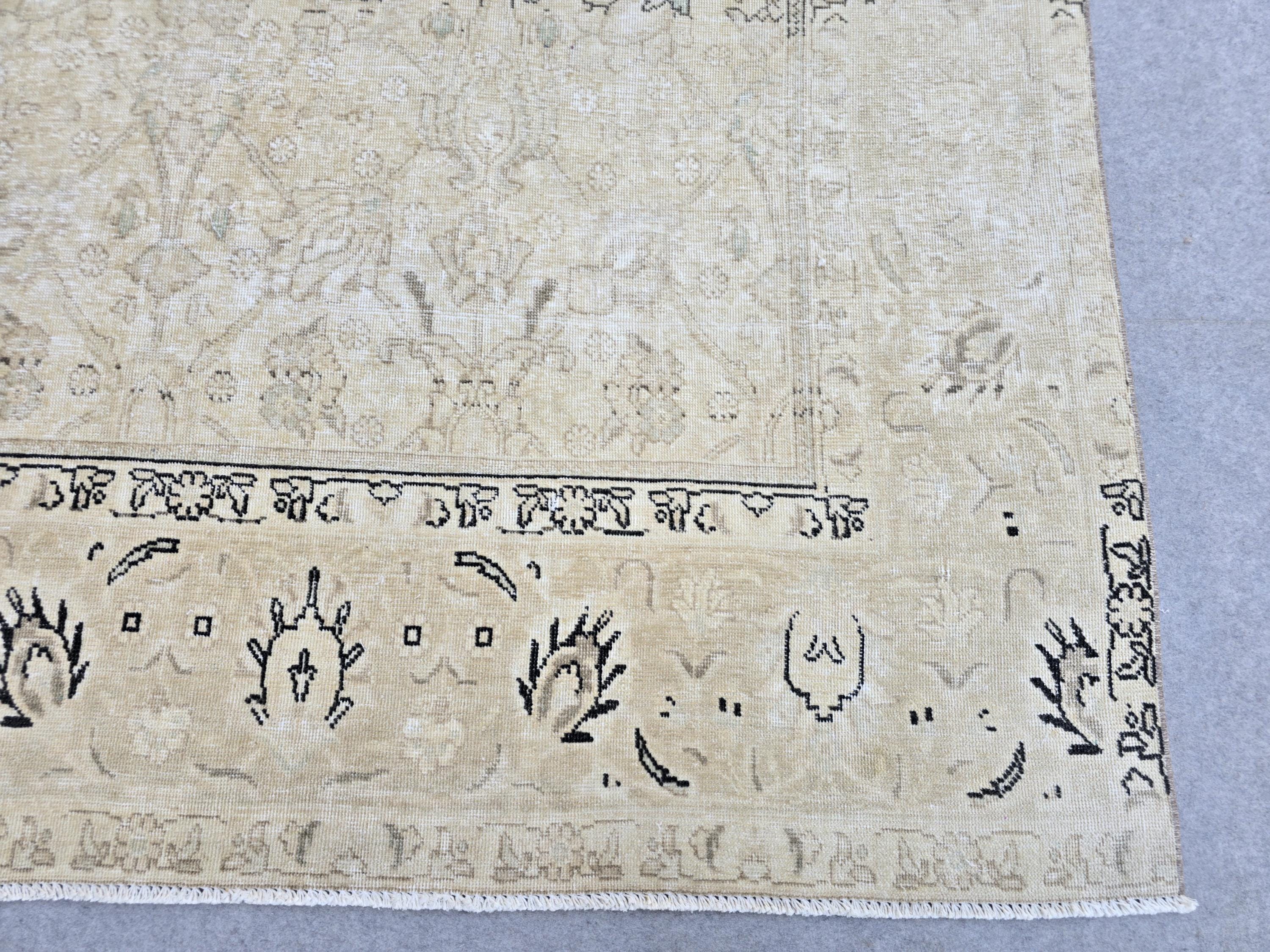 Turkish Rug 10x12, Faded Wheat Beige Wool Area Rug, Neutral All Over Floral Carpet for Living Room, Dining Room, Boho Rustic Decor