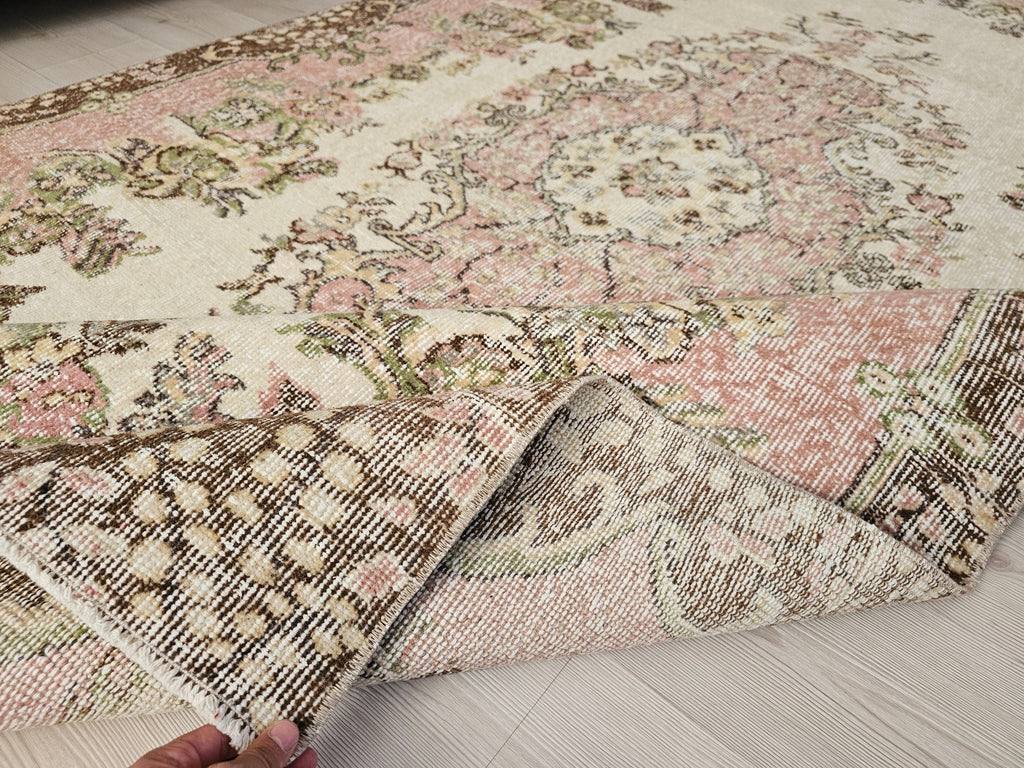 6x10 Vintage Wool Area Rug  - Handwoven Vintage Wool Rug 5.85x10 feet – Pink Cream Floral Bohemian Carpet for Living Room & Bedroom
