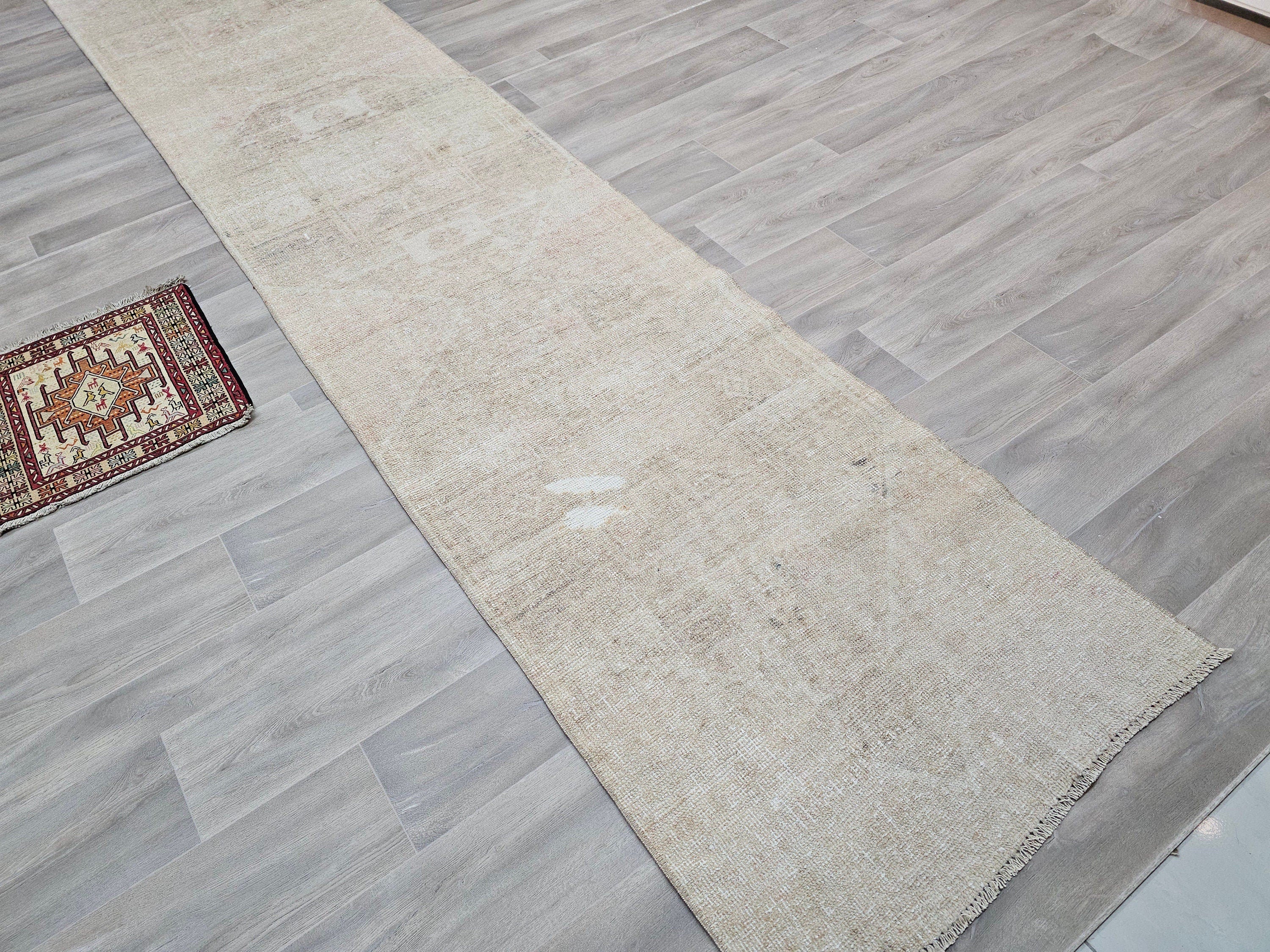 Oushak Turkish Runner Rug 3x13: Neutral Distressed Wool Hallway Rug