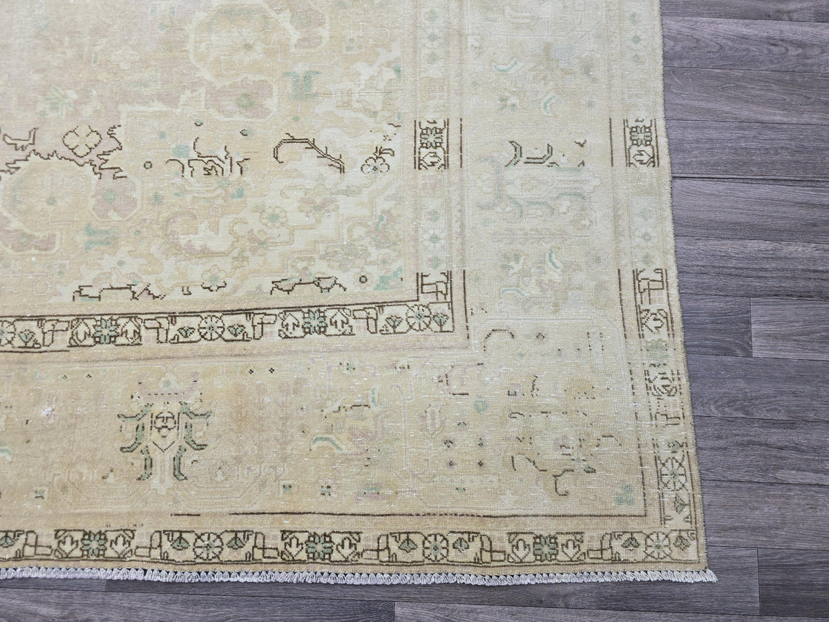 Large Vintage Handwoven Turkish Oushak Wool Rug: 9.6x12.6 ft