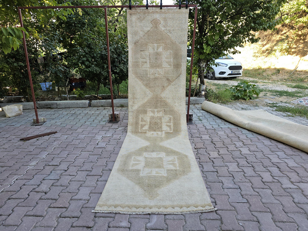 Beige Oushak Runner: Handmade Wool Anatolian Style Neutral Turkish Rug, 3.3x12.65 ft