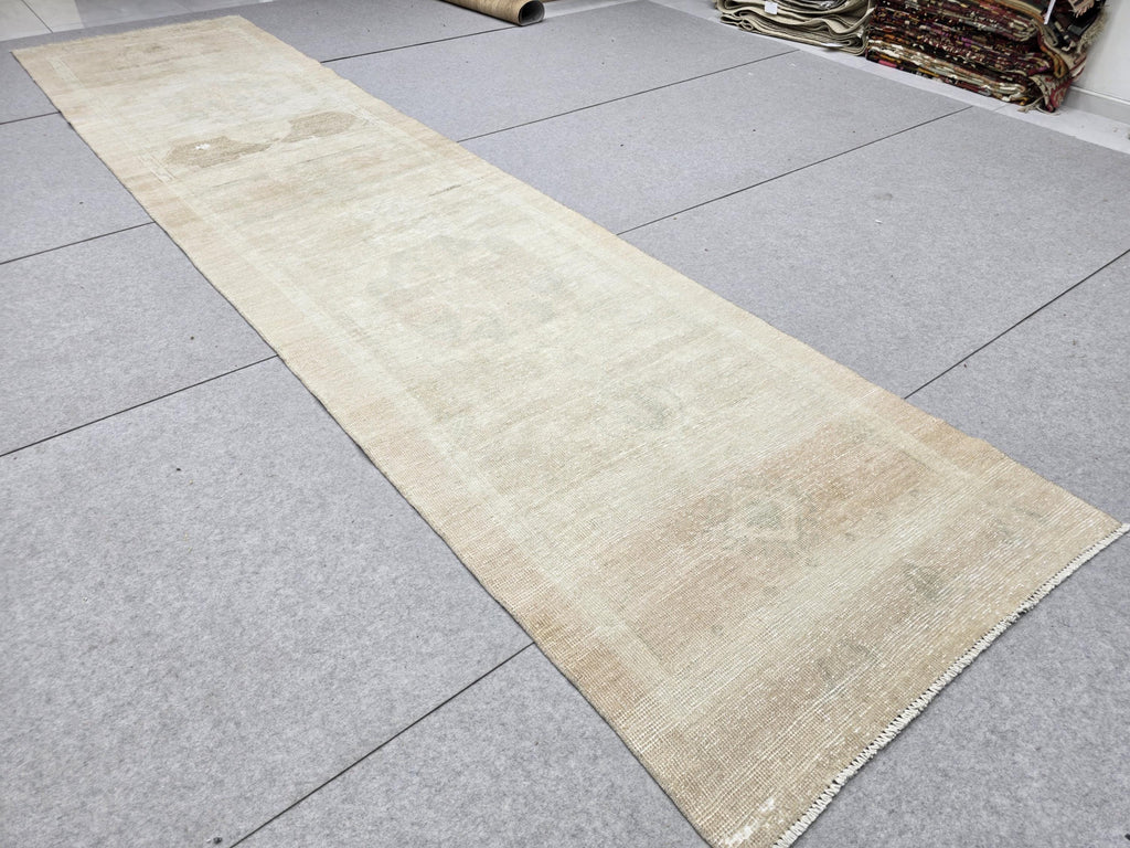 Oushak Runner Rug 3x13, Faded Apricot Beige Hallway Runner, Extra Long Wool Kitchen Runner, Soft Sage Entry Rug for Home Office Decor