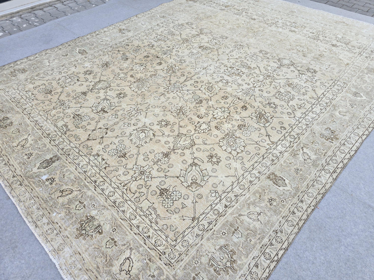 Turkish Rug 9x12 Beige  Vintage Hand Knotted Oriental Area Carpet