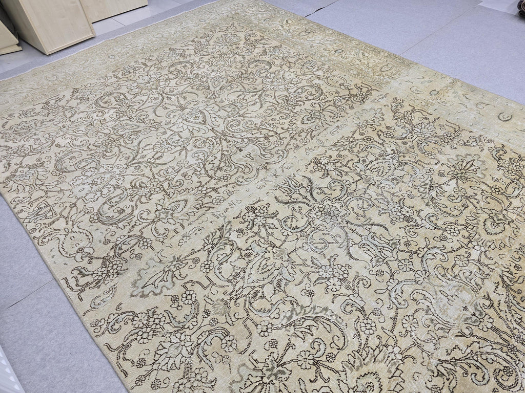 8x15 Hand Knotted Wool Area Rug, Muted Beige Floral Living Room Carpet (8x15 ft)