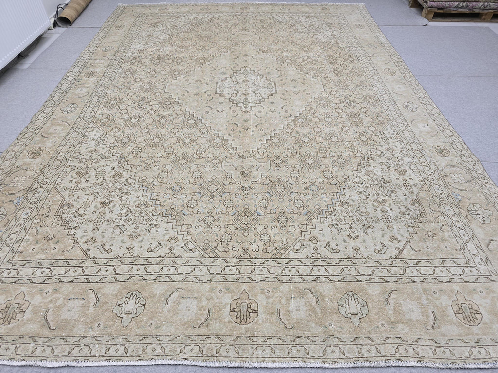 9x12 Oushak Rug | Muted Sand Beige Neutral Vintage Turkish Carpet | Hand Knotted Wool Area Rug for Living Room