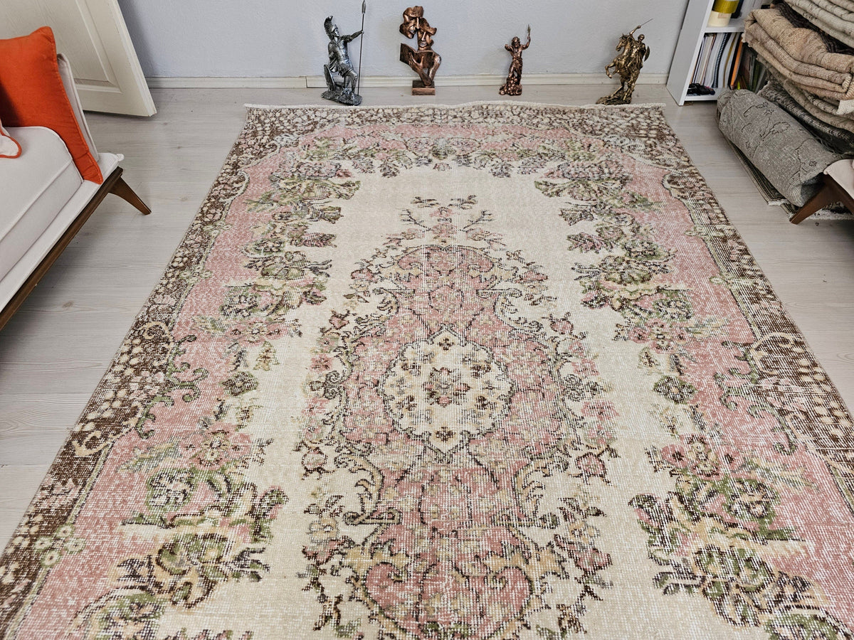 6x10 Vintage Wool Area Rug  - Handwoven Vintage Wool Rug 5.85x10 feet – Pink Cream Floral Bohemian Carpet for Living Room & Bedroom