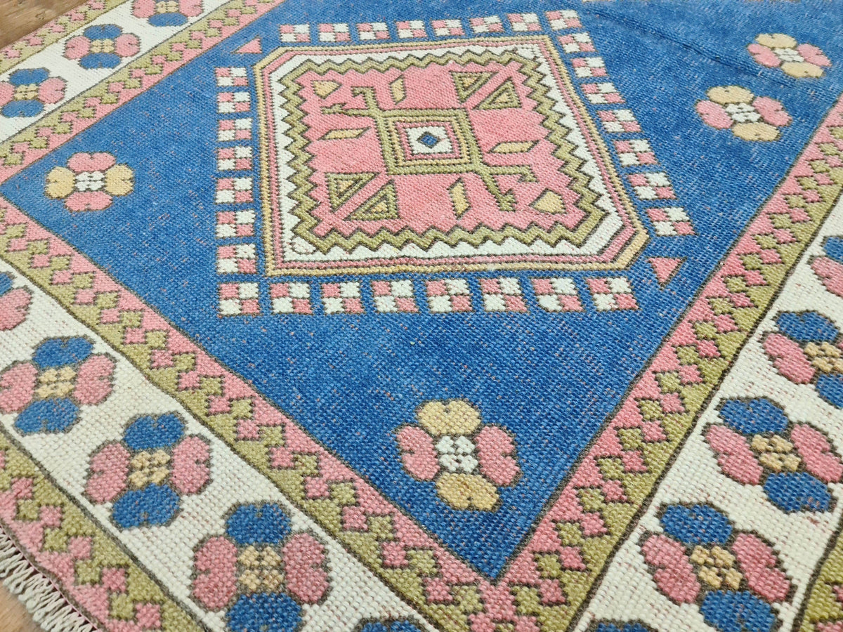 4x6 Small Turkish Rug: Small Vintage Geometric Blue Oushak (4.2x6.4 ft)