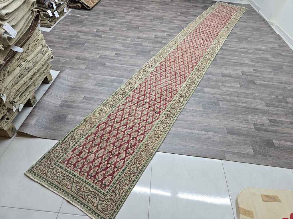Hand Knotted Oushak Runner: Extra Long Vintage Turkish Hallway Rug