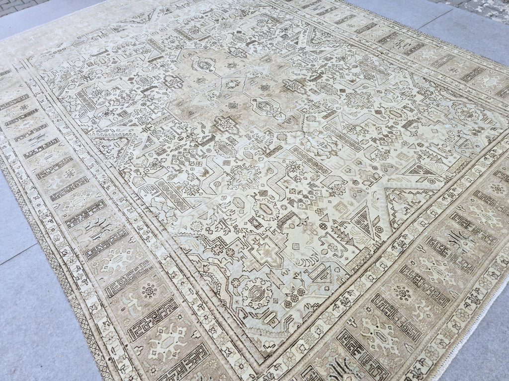 Turkish Rug 10x12, Faded Neutral Tribal Area Rug, Distressed Vintage Wool Carpet, Beige All Over Geometric, Boho Living Room