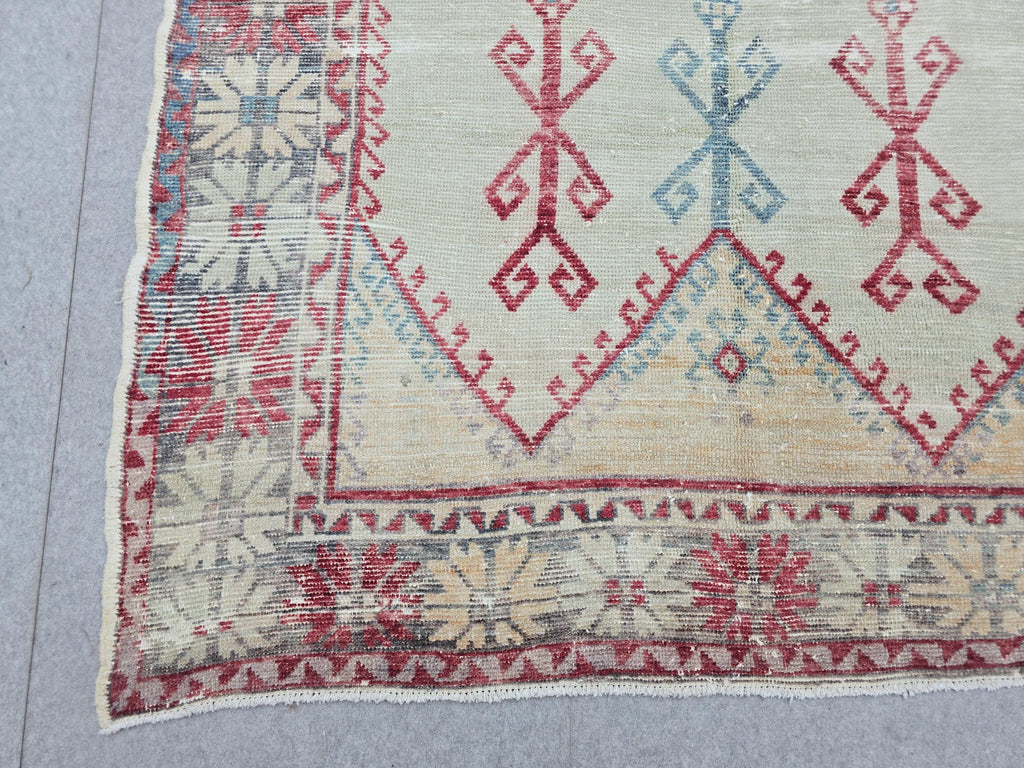 Oushak Rug 5x12, Antique Red Cream Distressed Wool Area Rug, Faded Panel Medallion Anatolian Wide Runner, Boho Farmhouse Living Room Decor