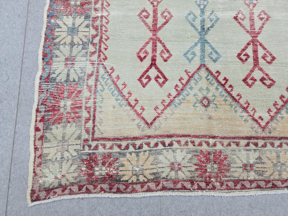 Oushak Rug 5x12, Antique Red Cream Distressed Wool Area Rug, Faded Panel Medallion Anatolian Wide Runner, Boho Farmhouse Living Room Decor