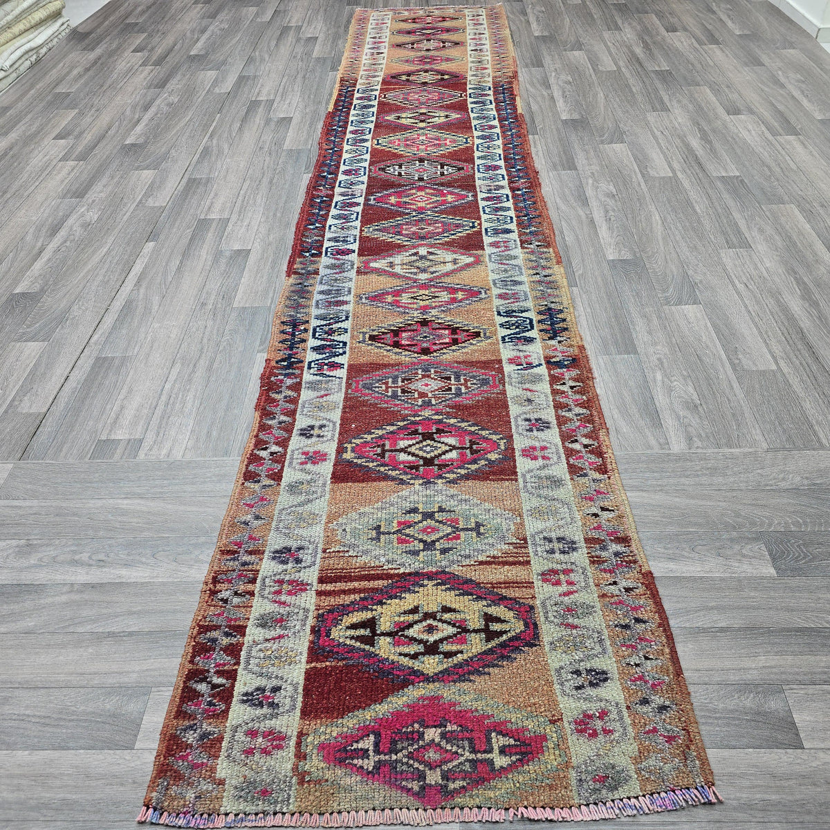 Vintage Turkish Runner Rug: Handwoven Wool Kilim, Bohemian Home Decor (2.5x13 ft