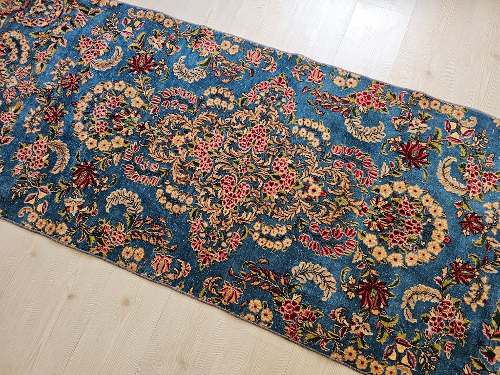 Blue Vintage Runner Rug/2.95x9.50 feet/ Hand Knotted Wool Floral Design Oushak Runner