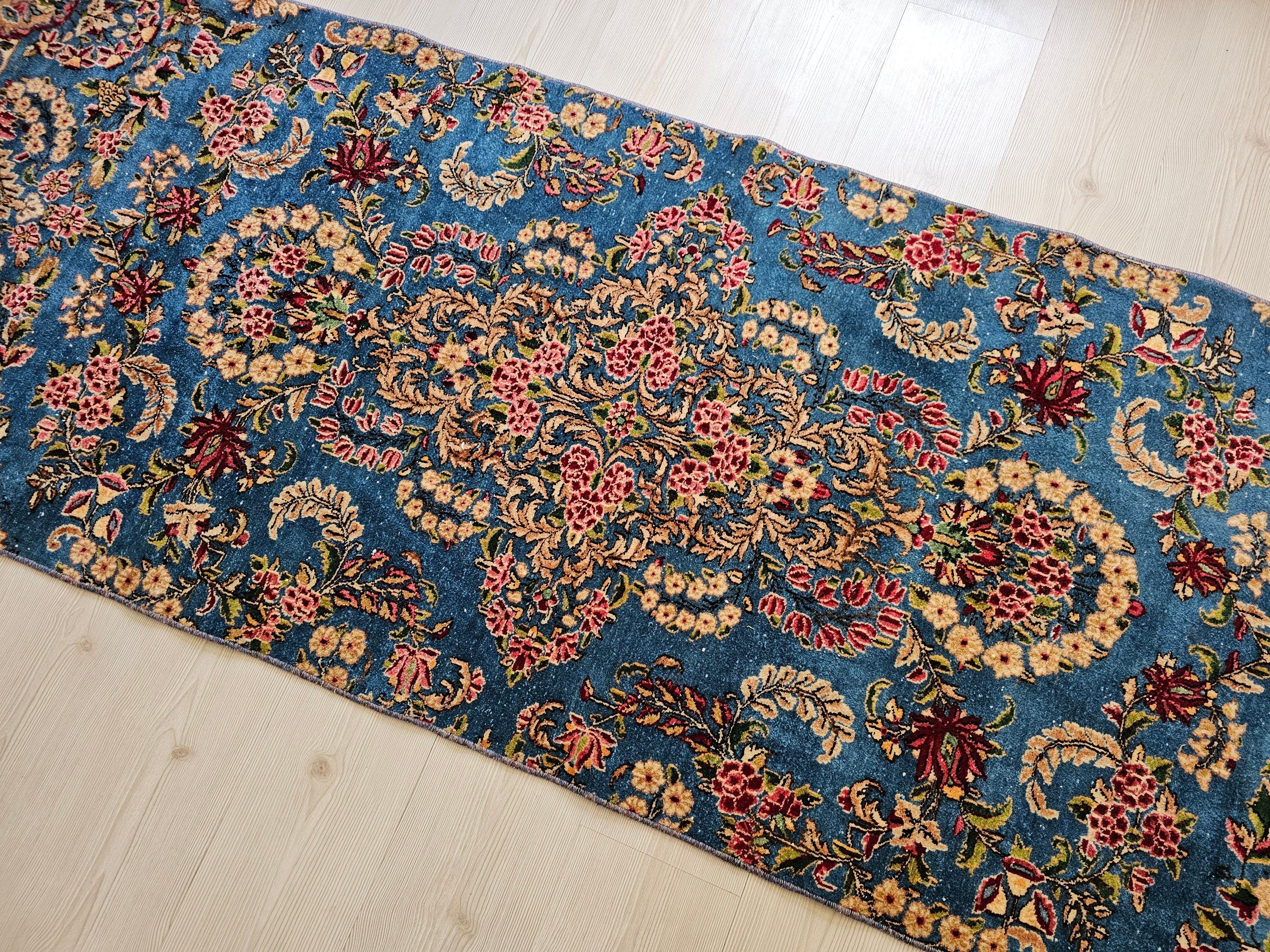 Blue Vintage Runner Rug/2.95x9.50 feet/ Hand Knotted Wool Floral Design Oushak Runner