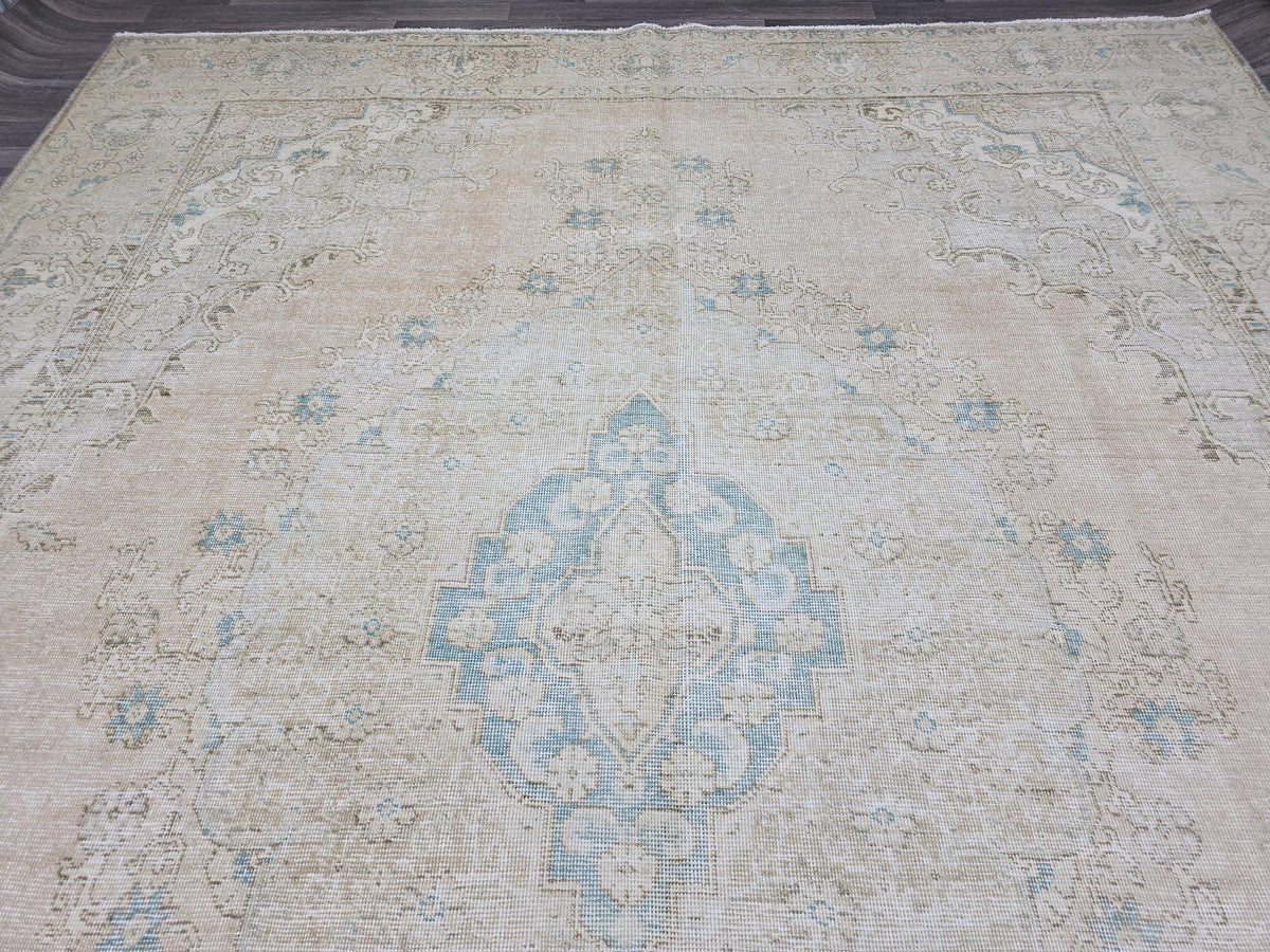 9x12 Beige Blue Faded Vintage Turkish Area Rug/ Natural Wool Rug / Authentic Carpet
