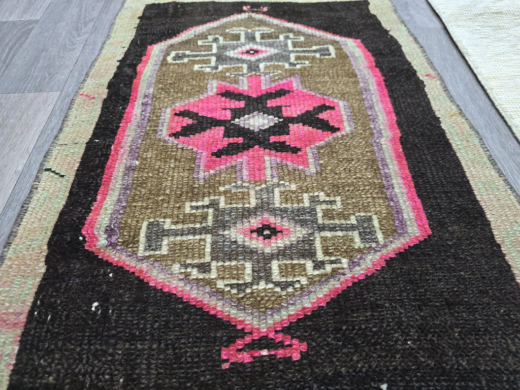 Vintage Turkish Wool Rug: Black & Pink Geometric Oushak Doormat (2x3 ft)