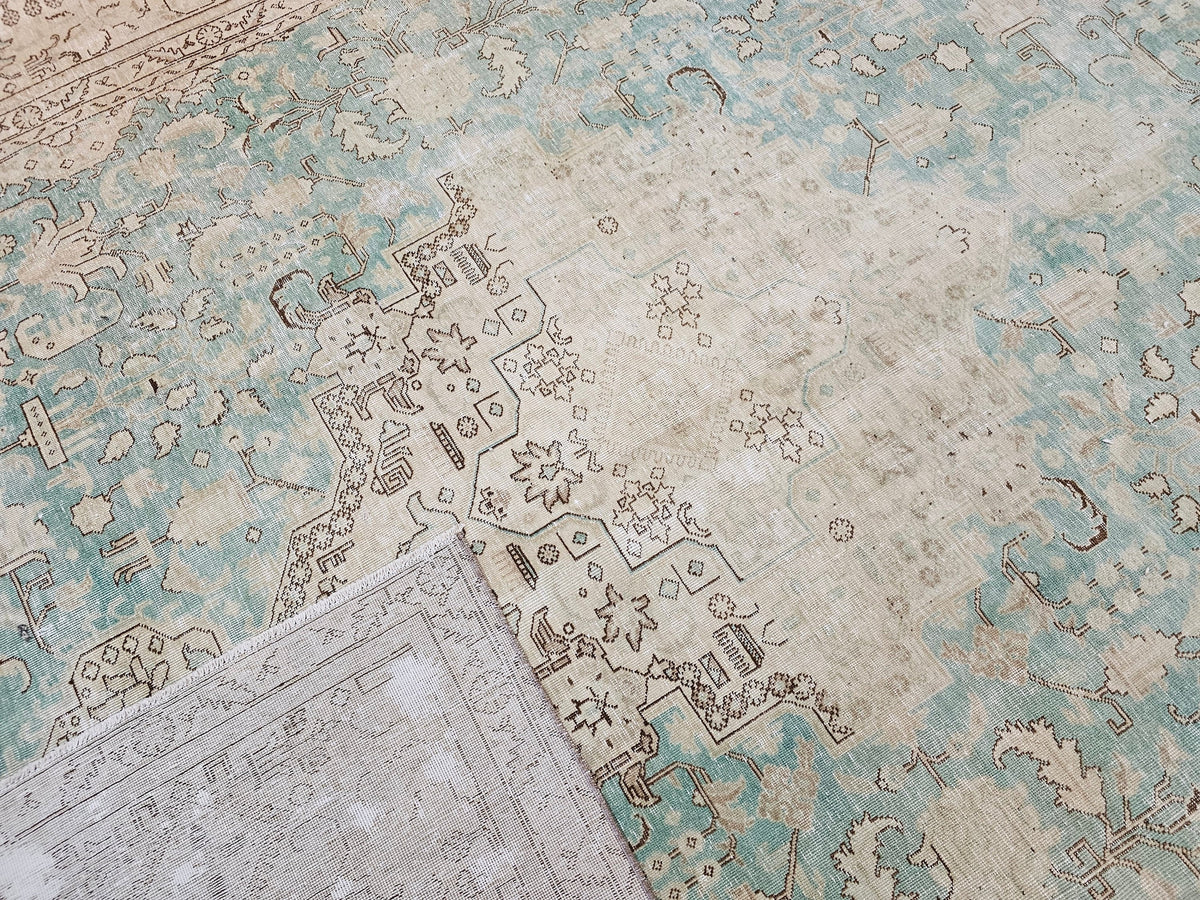Oversize Hand-Knotted Wool Turkish Rug: Beige & Sage Green Oushak (9.80x12.20 ft)