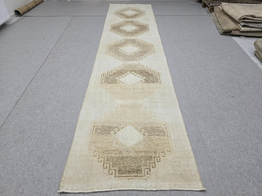 Oushak Rug 3x12, Distressed Neutral Runner, Hand Knotted Wool Turkish Runner, Faded Oatmeal Hallway Rug, Vintage Boho Stair Carpet