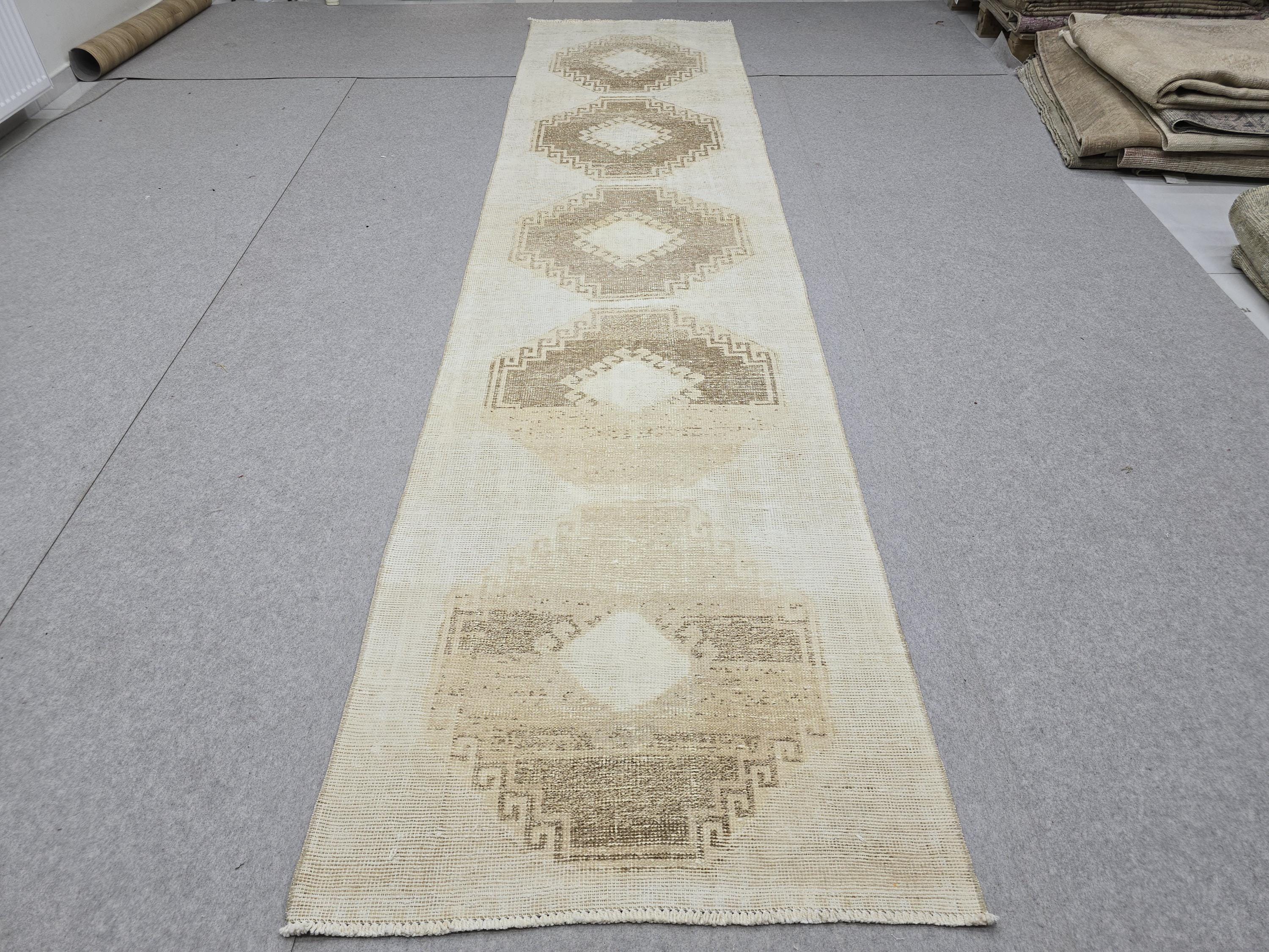 Oushak Rug 3x12, Distressed Neutral Runner, Hand Knotted Wool Turkish Runner, Faded Oatmeal Hallway Rug, Vintage Boho Stair Carpet