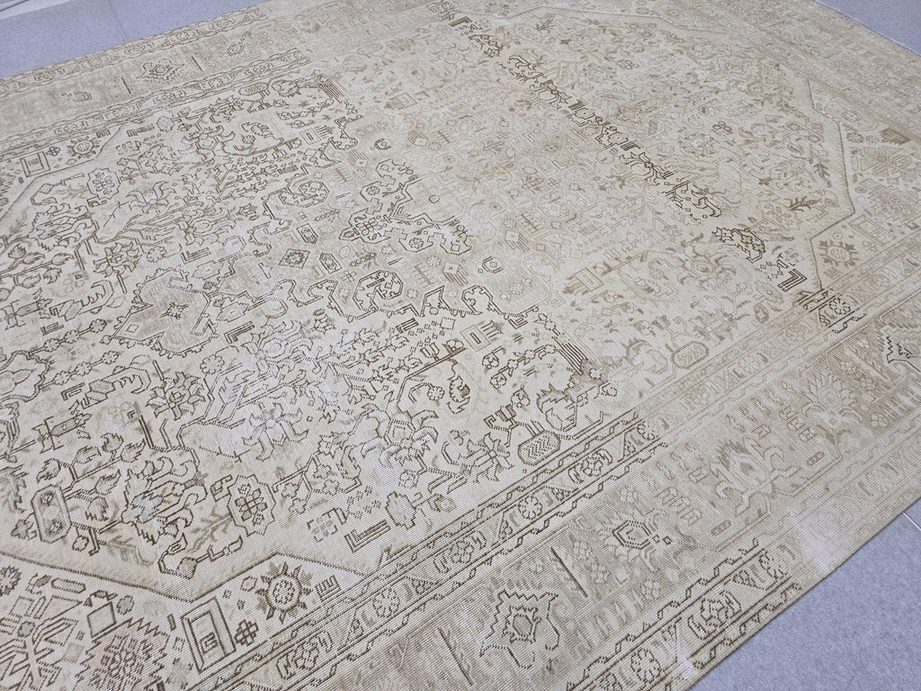 Oushak Rug 9x12, Antique Beige Medallion Wool Carpet, Muted Tan Hand Knotted Vintage Area Rug for Office or Living Room
