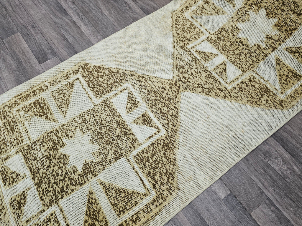 Vintage Turkish Oushak Runner Rug: 3x13 Neutral Wool Hallway Carpet