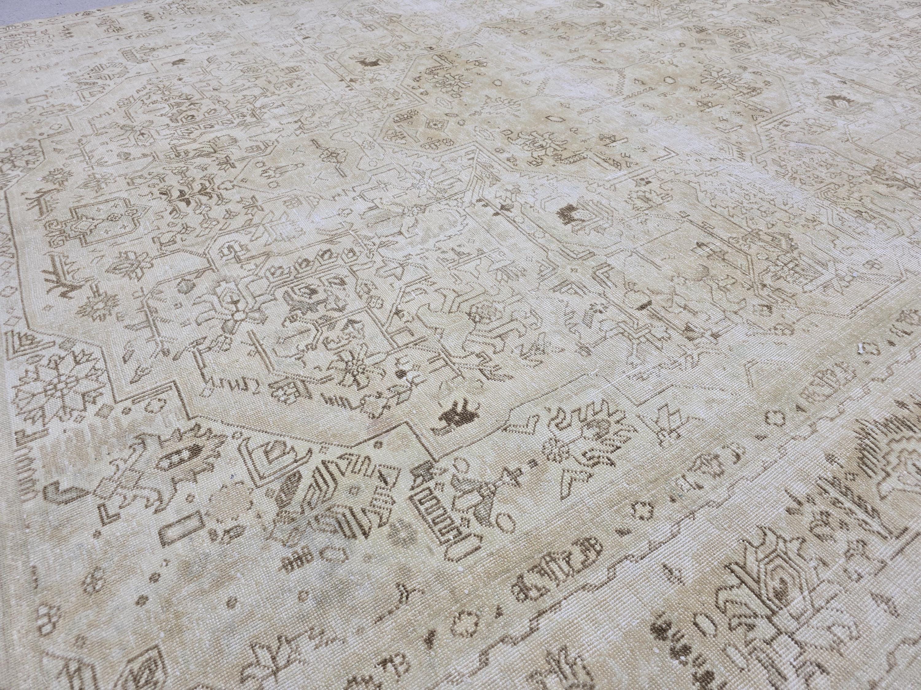 8x11 Vintage Hand Knotted Wool Rug, Muted Neutral Oushak Style, 8x11 Distressed Area Rug