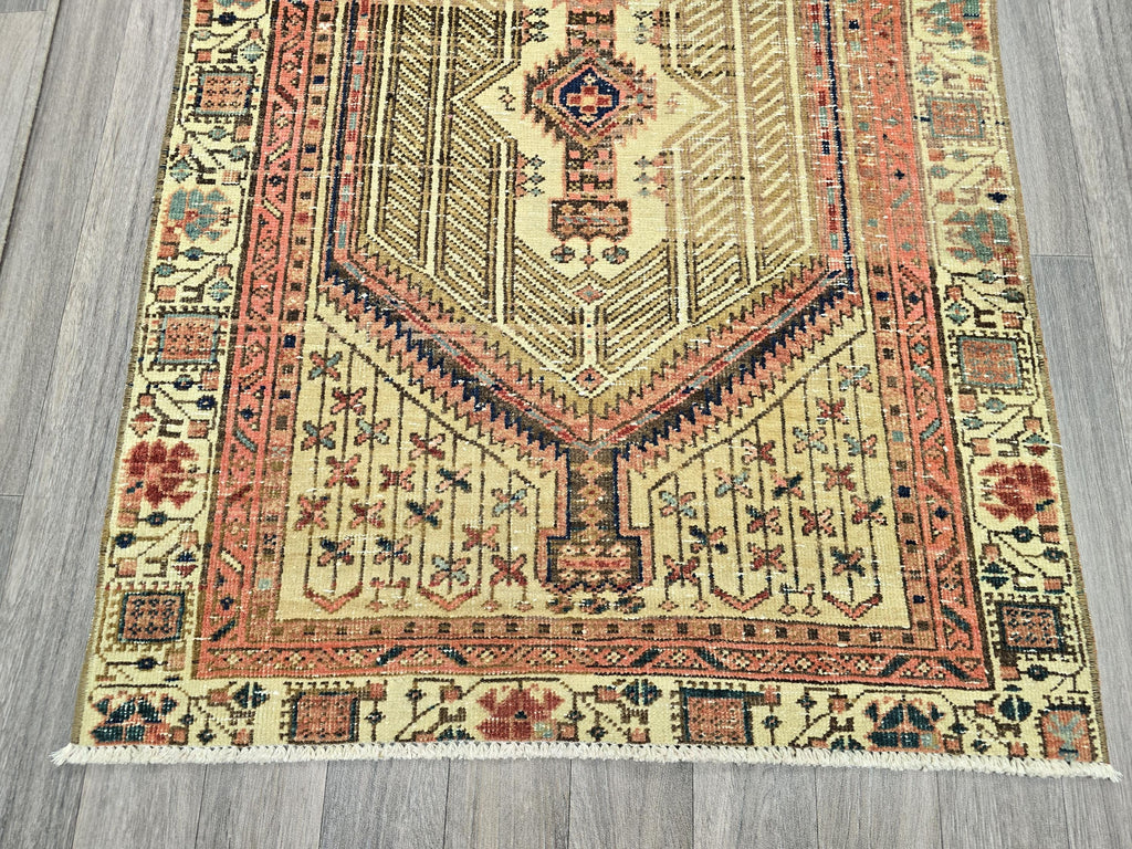 Vintage Heriz Runner Rug: Hand-Knotted Pastel Geometric Hallway Rug