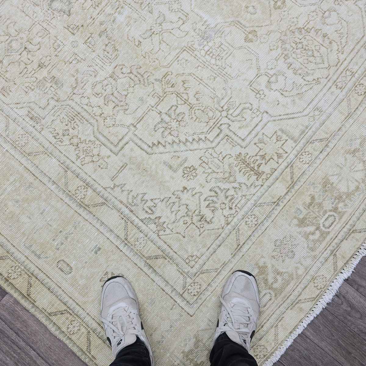 Oushak Rug 8x11: Neutral Vintage Turkish Wool Handmade Carpet, Beige Brown Geometric