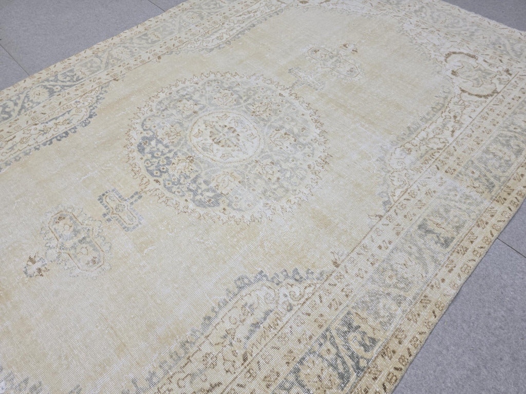 Oushak Rug 7x10, Beige Medallion Antique Turkish Carpet, Faded Muted Handknotted Wool Rug for Living Room Office