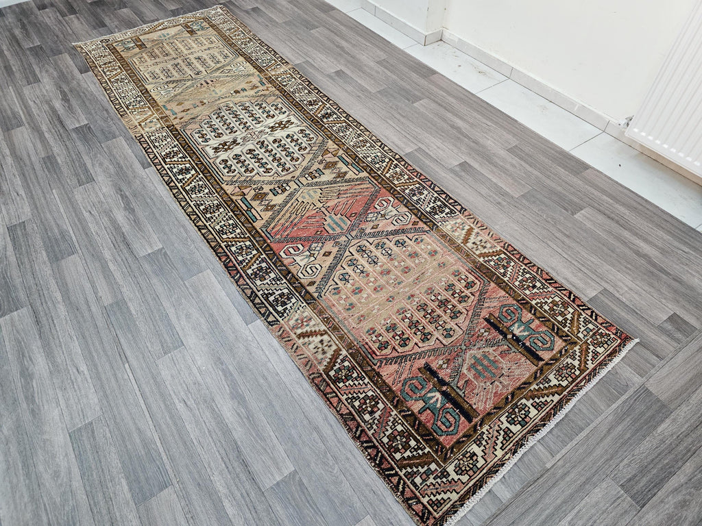 Wide Turkish Wool Runner Rug: Hand Woven Vintage Hallway Rug (3.14x10.35 ft)