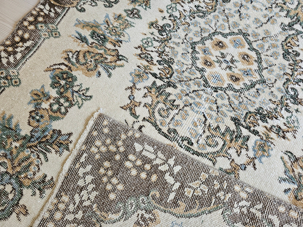 4x7 Vintage Turkish Oushak Rug Cream Brown Neutral Rug