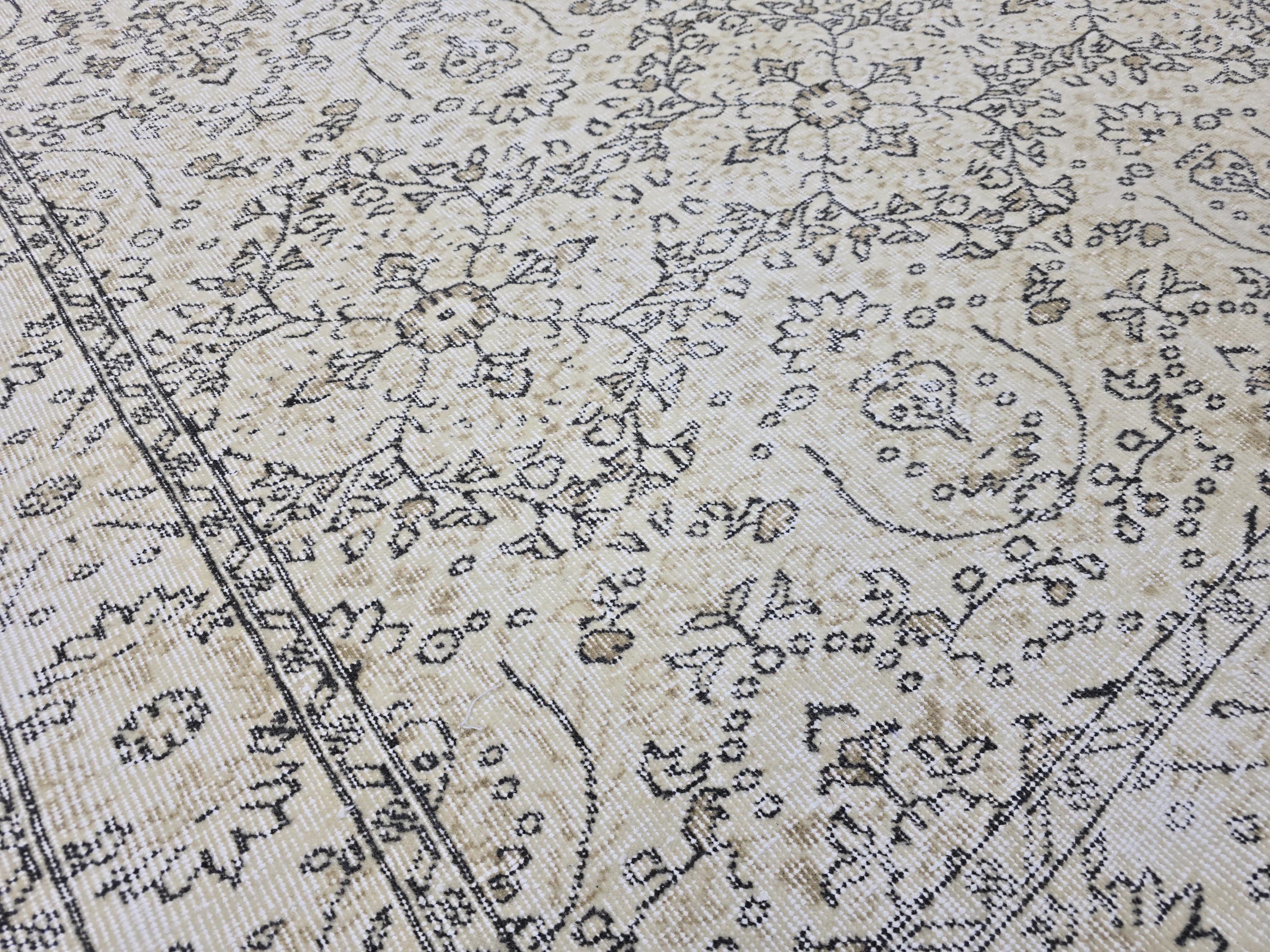 Turkish Rug 6x10, Vintage Wool Area Rug, Cream Beige Floral Carpet for Living Room, Muted Neutral Handknotted Rug