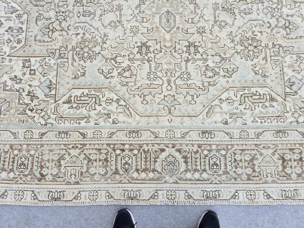 Oushak Rug 9x12:  High Quality Neutral Vintage Turkish Wool Area Rug 9.35x12.15 ft.