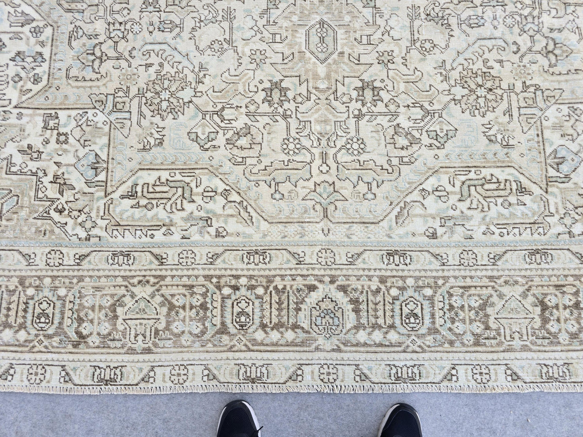 Oushak Rug 9x12:  High Quality Neutral Vintage Turkish Wool Area Rug 9.35x12.15 ft.