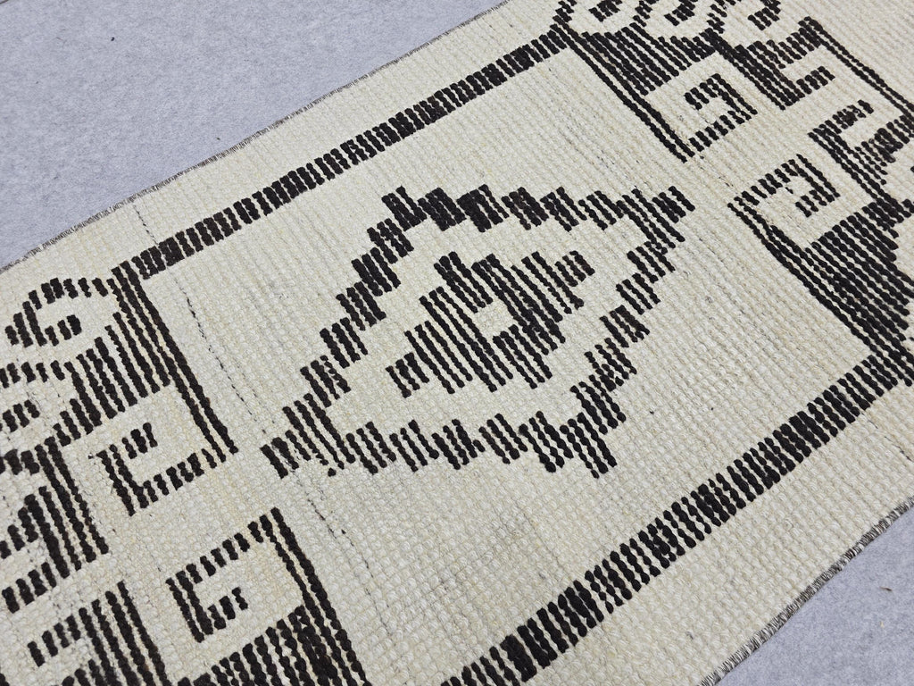 Vintage Rug Runner 2x11, Ivory Black Tribal Hand Knotted Wool Hallway Runner, Anatolian Geometric Boho Stair Runner
