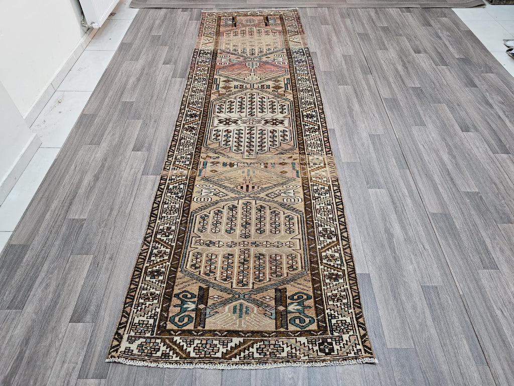 Wide Turkish Wool Runner Rug: Hand Woven Vintage Hallway Rug (3.14x10.35 ft)
