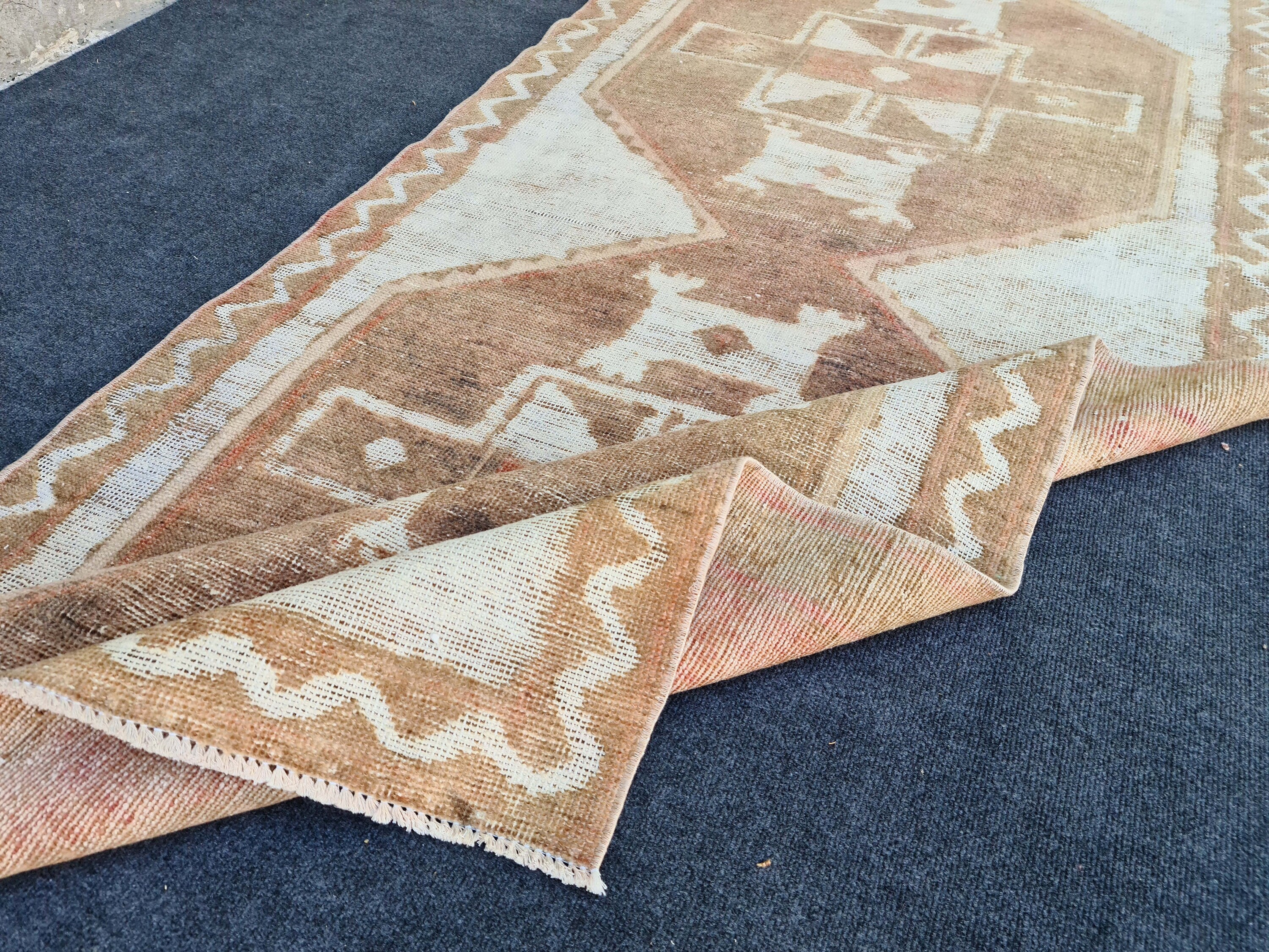 Hand Knotted Wool Oushak Runner: 4x12 Vintage Turkish Rug