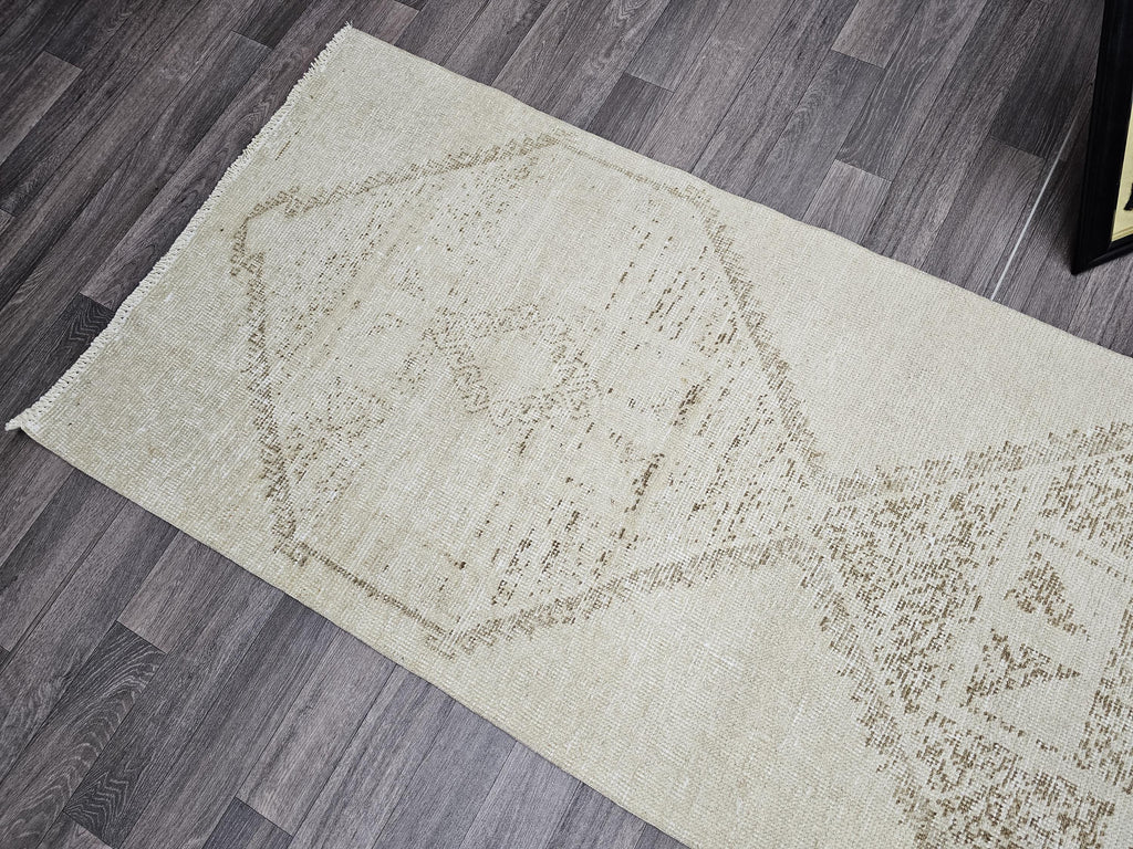 Vintage Oushak Runner Rug: 3x12.25 ft, Neutral Turkish Wool Rug