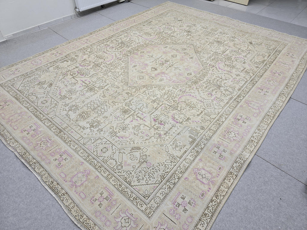 Oushak Wool Area Rug: 9x12 Light Pink Beige Turkish Rug