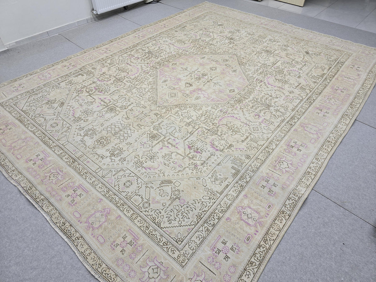Oushak Wool Area Rug: 9x12 Light Pink Beige Turkish Rug