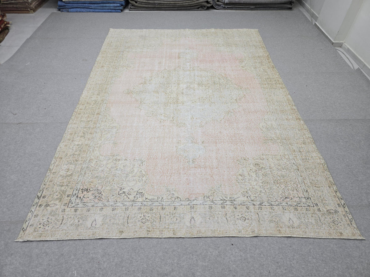 Oushak Rug 7x10, Muted Pink Beige Handwoven Turkish Carpet, Vintage Wool Area Rug for Living Room Bedroom Boho Farmhouse Decor