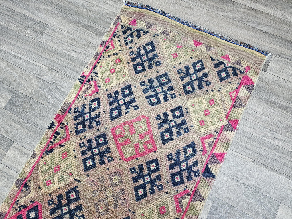 Hand Knotted Wool Runner Rug: Vintage Turkish Herki, 2.40x13 ft