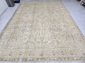 Oushak Rug 8x11, Faded Oatmeal Beige Turkish Area Rug with Soft Blue Accents, Hand Knotted Wool Carpet for Dining Room, Bedroom
