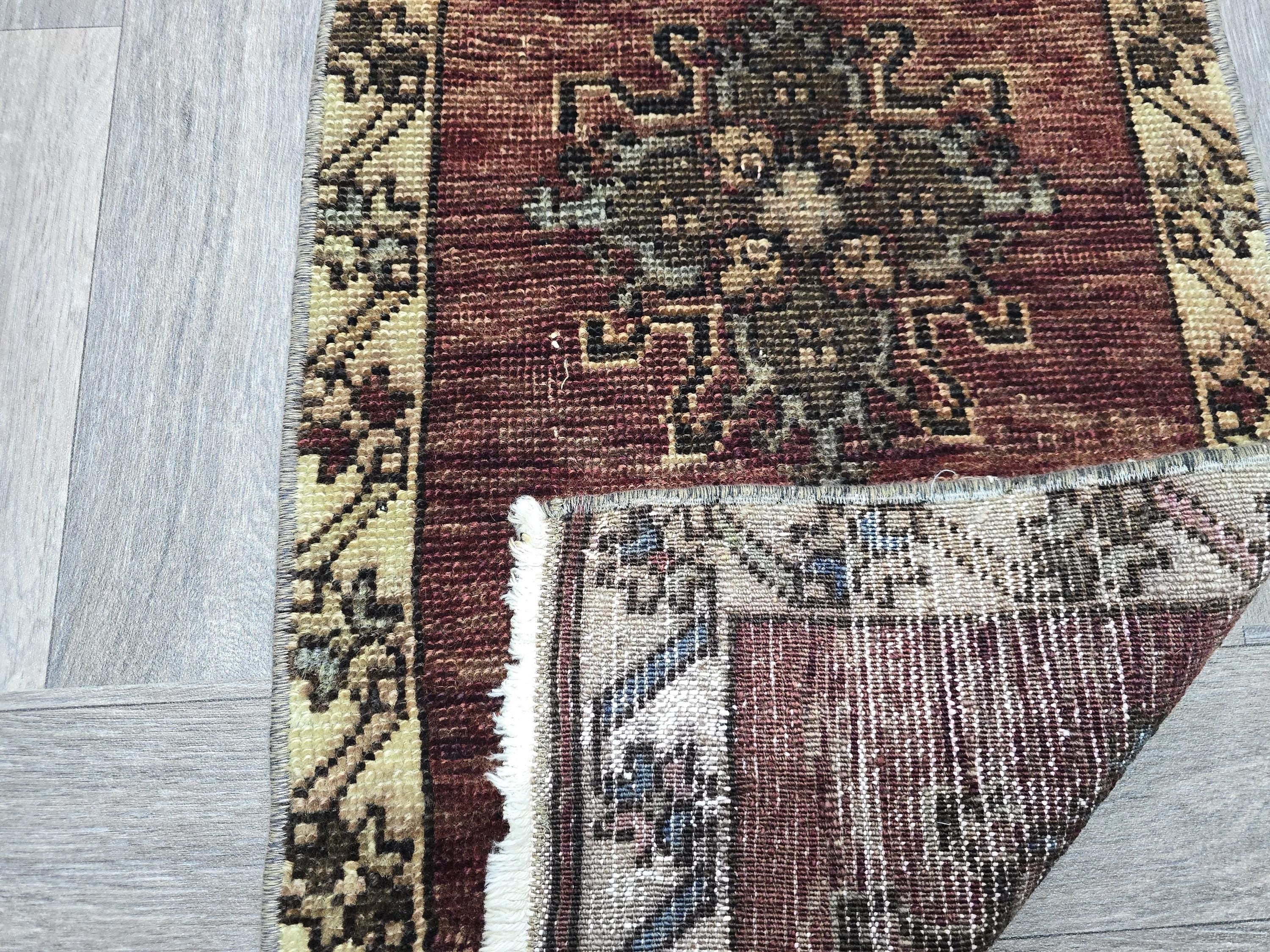 Vintage Turkish Wool Rug 2x3: Brown Beige Oushak Medallion Entry Mat