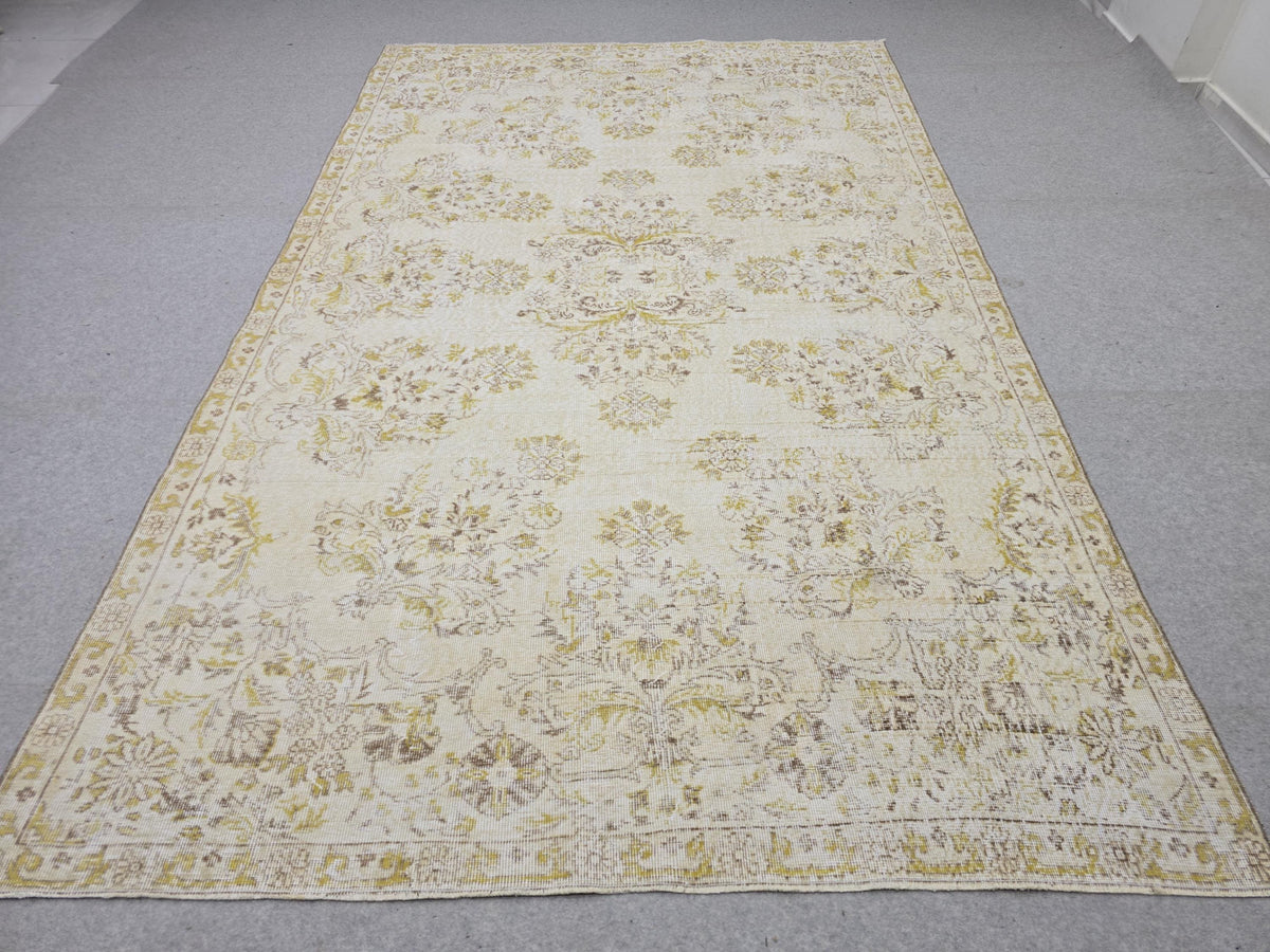 Oushak Rug 6x10, Gold Yellow Floral Turkish Vintage Carpet, Handknotted Wool Area Rug for Living Room Retro Boho Home Decor