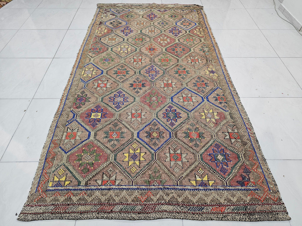 Checkered Vintage Handknotted Wool Rug: 5x9.5 ft Eclectic Oriental Carpet