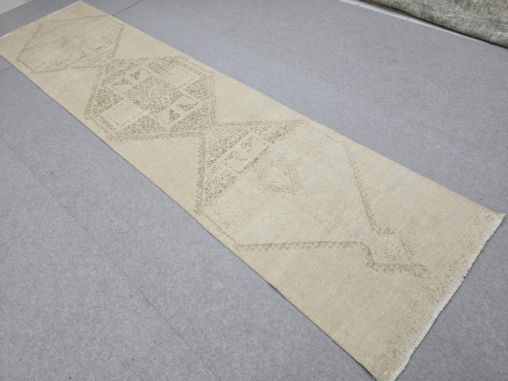3x12 Turkish Runner - Vintage Oushak Runner Rug: 3x12.25 ft, Neutral Wool Carpet runner Rug
