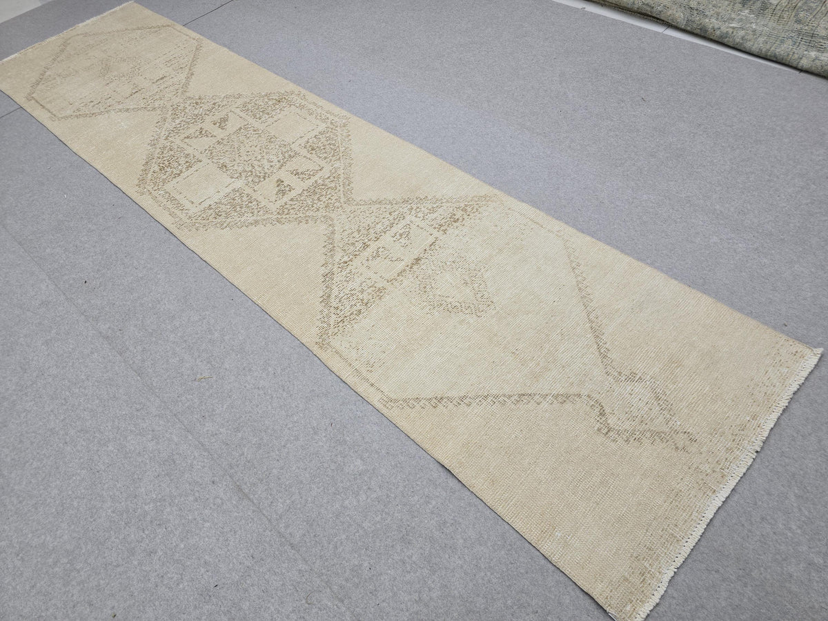 3x12 Turkish Runner - Vintage Oushak Runner Rug: 3x12.25 ft, Neutral Wool Carpet runner Rug