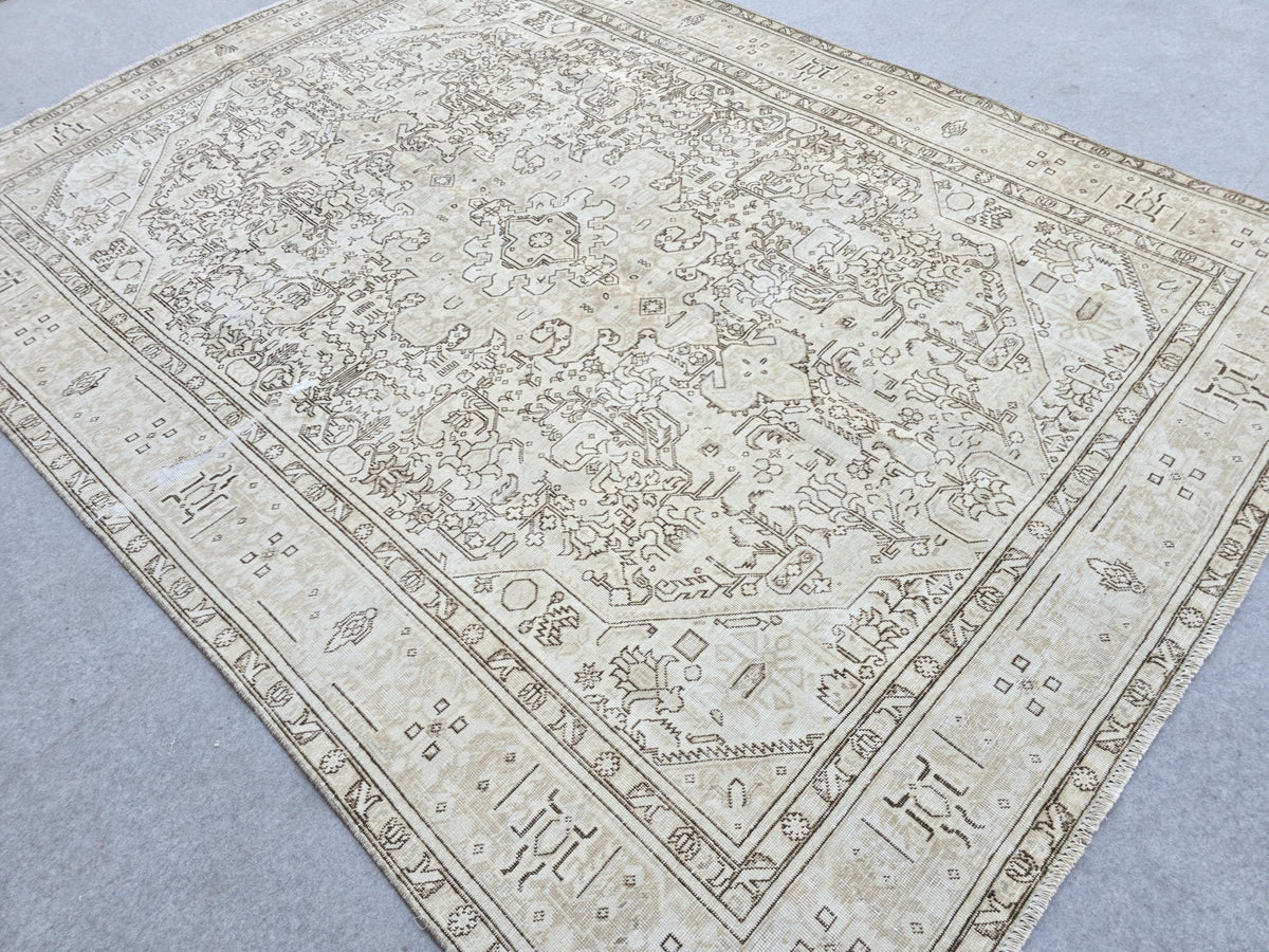 Turkish Rug 8x10, Ivory Bone Beige Wool Area Rug, Tribal Medallion Vintage Carpet for Living Room, Bedroom, Office, Boho Rustic Decor